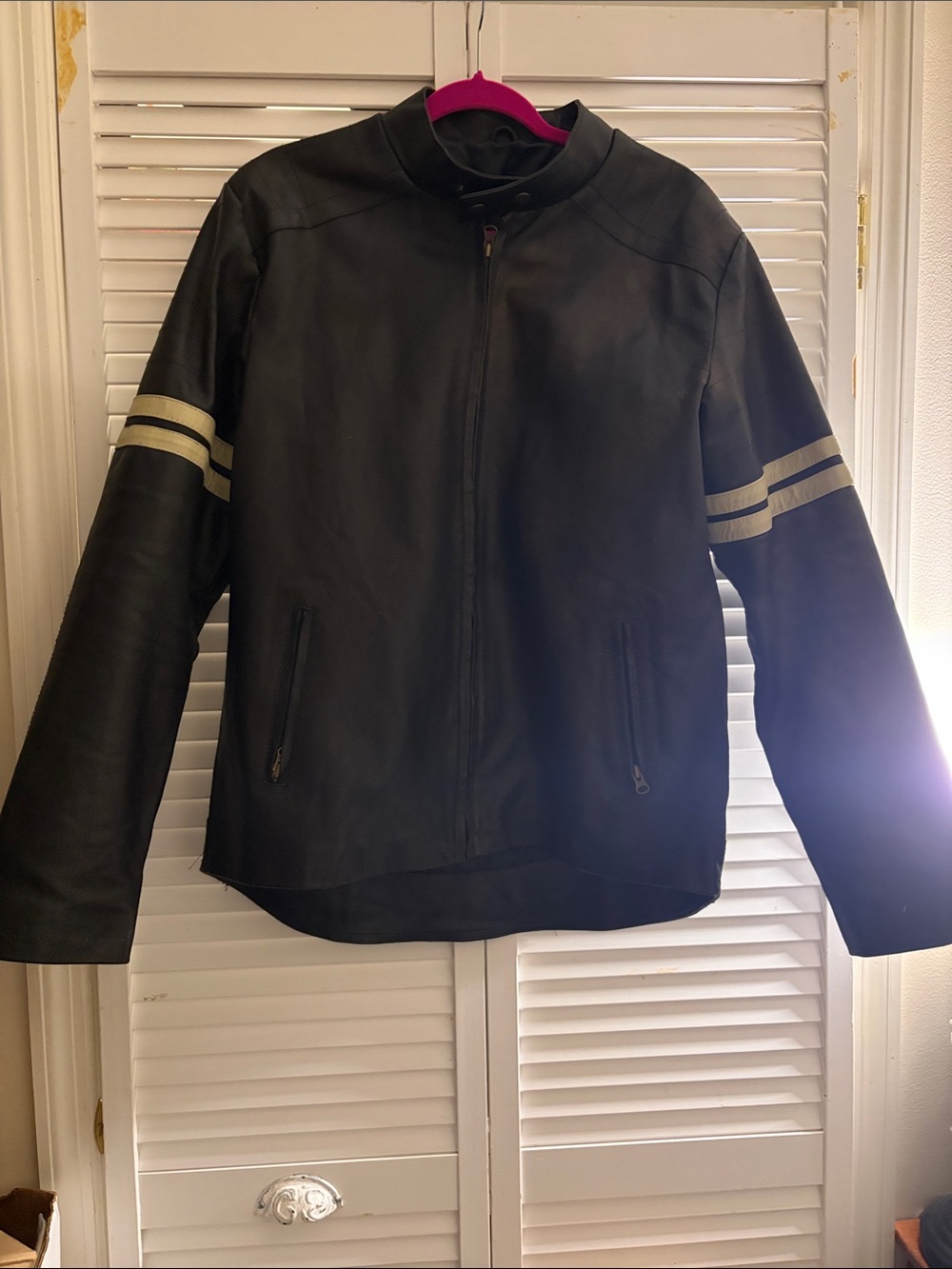 Men’s Black Motorcycle Jacket with Dual Strips on Sleeves Fully lined XL